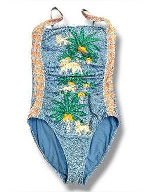 Johnny Was Paolita One Piece Swimsuit Blue Tropical Lion Print Ruched | Size L